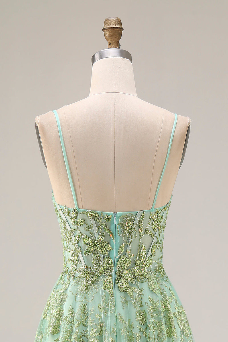 Load image into Gallery viewer, Sparkly Floral Green Corset A Line Spaghetti Straps Long Prom Dress