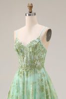 Load image into Gallery viewer, Sparkly Floral Green Corset A Line Spaghetti Straps Long Prom Dress