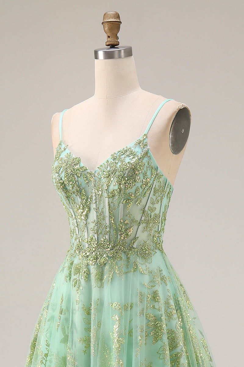 Load image into Gallery viewer, Sparkly Floral Green Corset A Line Spaghetti Straps Long Prom Dress