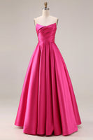 Load image into Gallery viewer, Fuchsia Satin Strapless A Line Long Prom Dress