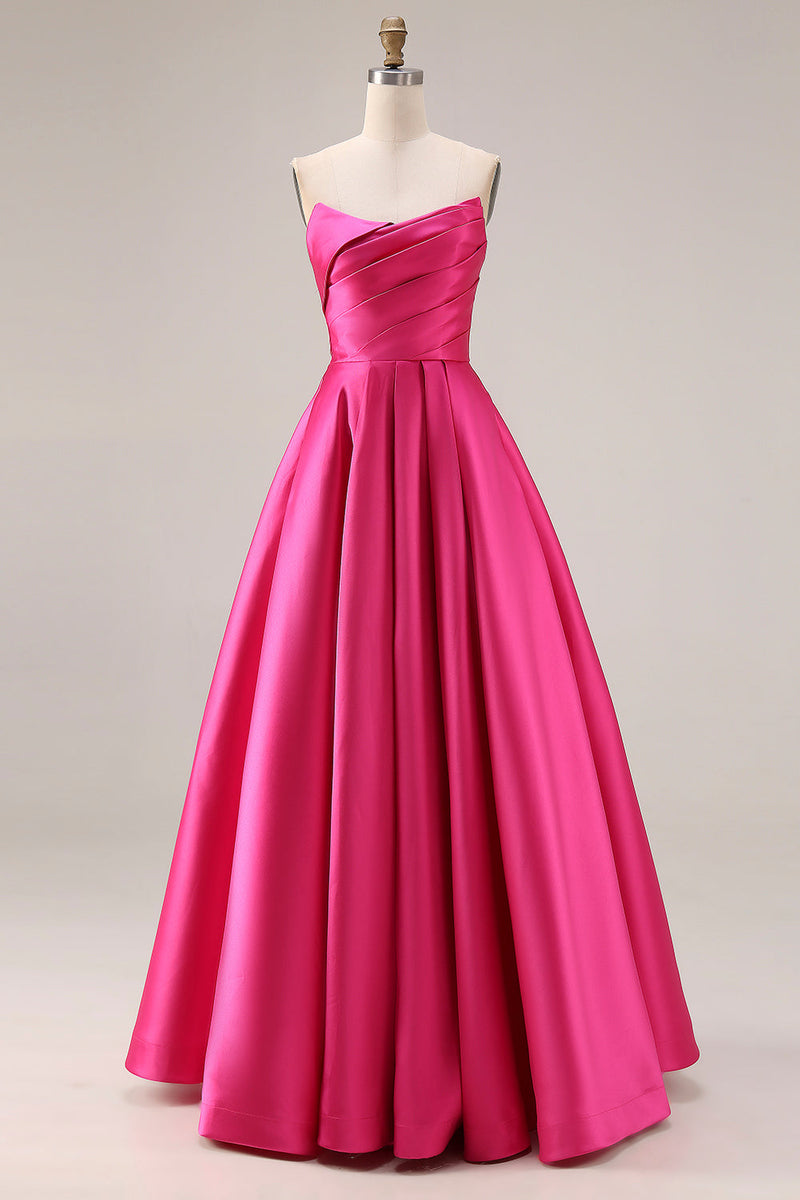 Load image into Gallery viewer, Fuchsia Satin Strapless A Line Long Prom Dress