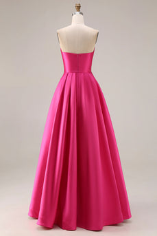 Fuchsia Satin Strapless A Line Long Prom Dress