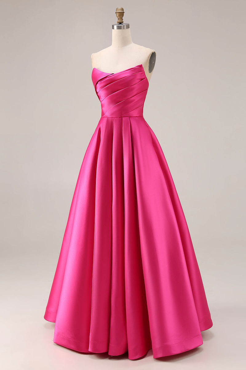 Load image into Gallery viewer, Fuchsia Satin Strapless A Line Long Prom Dress
