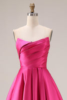 Load image into Gallery viewer, Fuchsia Satin Strapless A Line Long Prom Dress