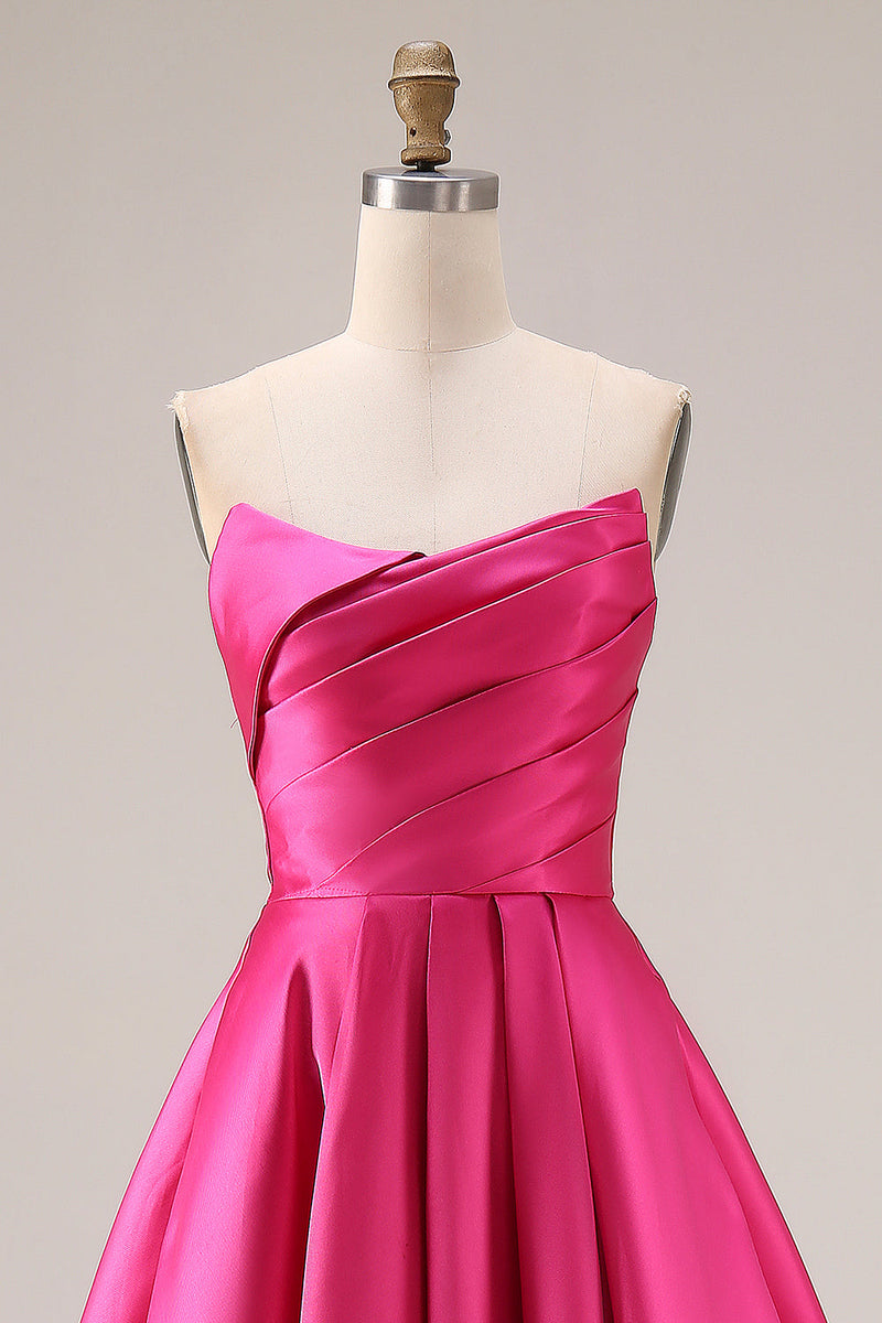 Load image into Gallery viewer, Fuchsia Satin Strapless A Line Long Prom Dress