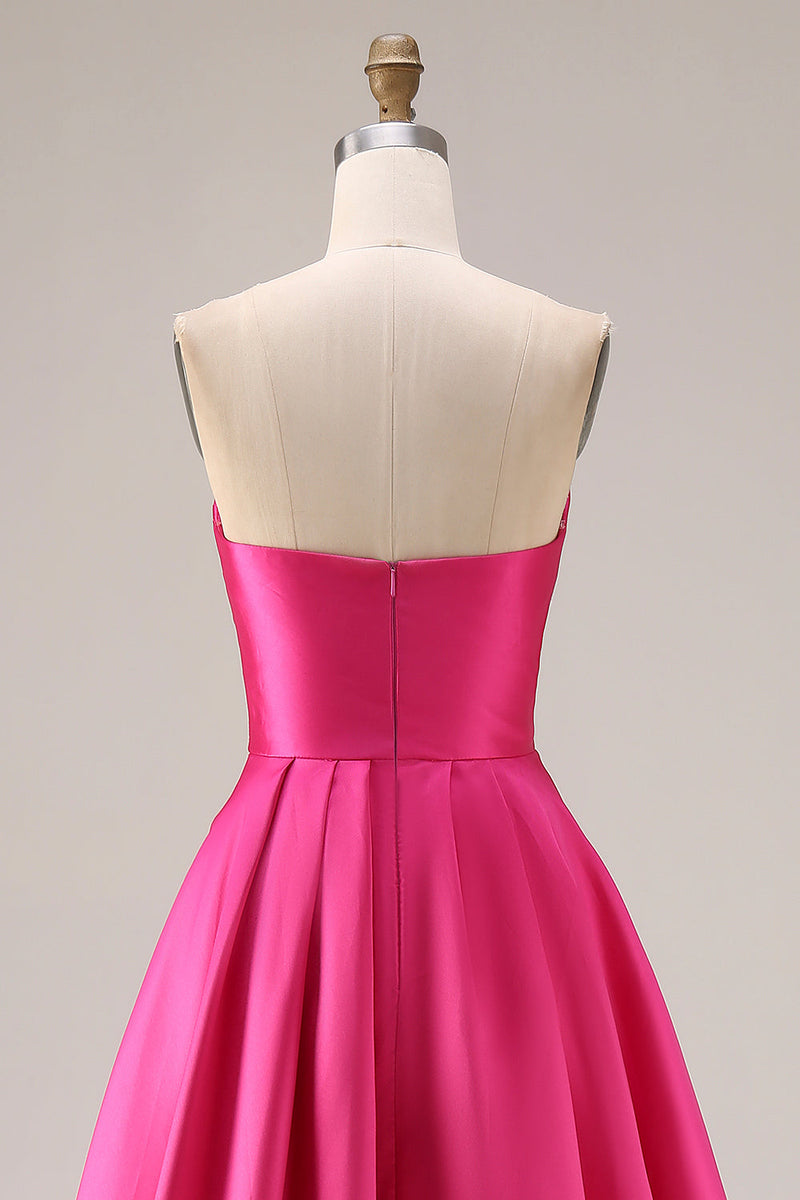 Load image into Gallery viewer, Fuchsia Satin Strapless A Line Long Prom Dress