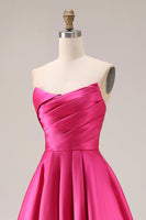 Load image into Gallery viewer, Fuchsia Satin Strapless A Line Long Prom Dress
