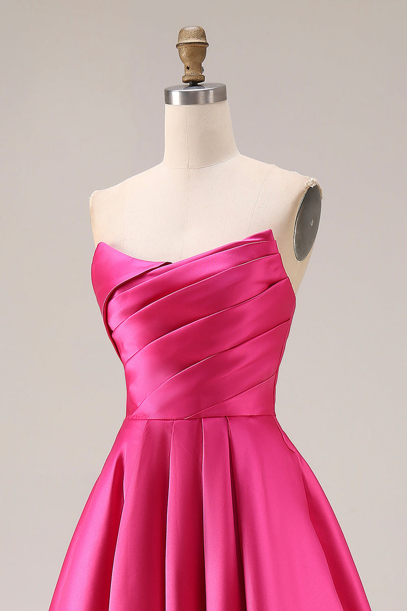 Load image into Gallery viewer, Fuchsia Satin Strapless A Line Long Prom Dress