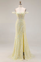 Load image into Gallery viewer, Sparkly Floral Mermaid Light Yellow Long Corset Prom Dress with Slit