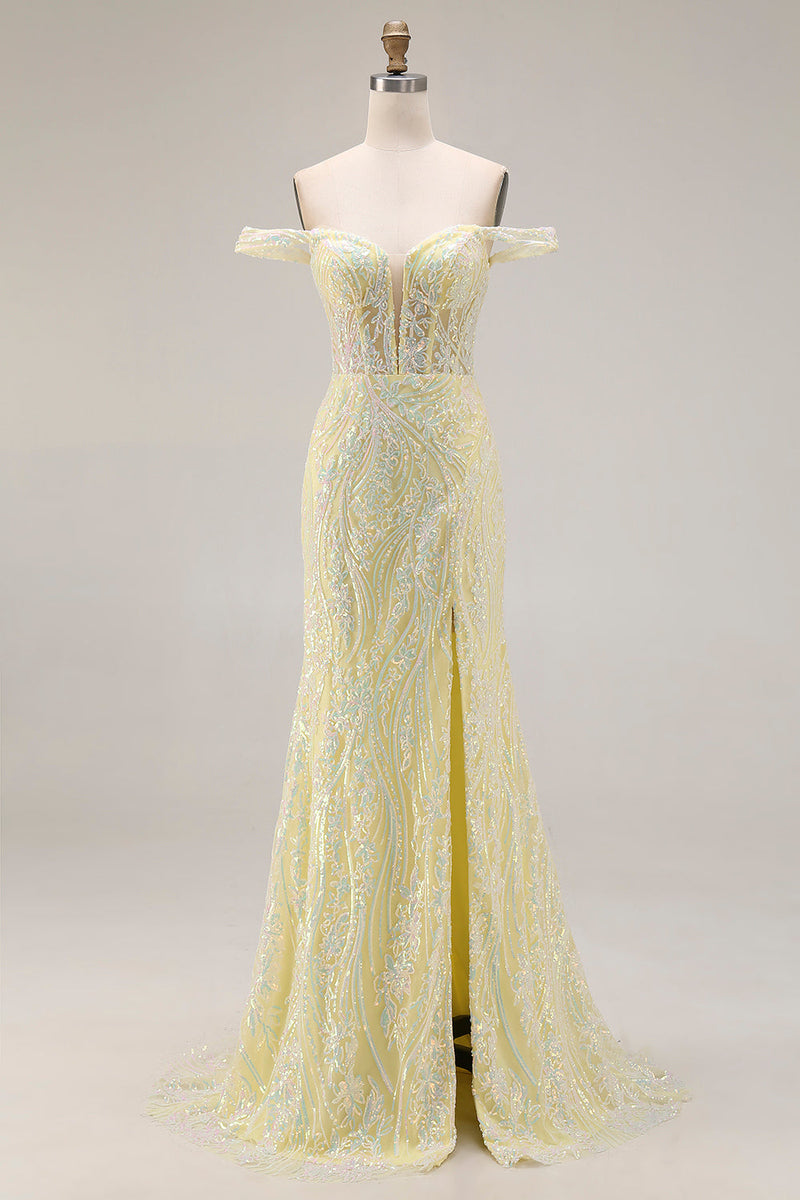 Load image into Gallery viewer, Sparkly Floral Mermaid Light Yellow Long Corset Prom Dress with Slit