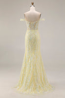 Load image into Gallery viewer, Sparkly Floral Mermaid Light Yellow Long Corset Prom Dress with Slit