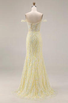 Sparkly Floral Mermaid Light Yellow Long Corset Prom Dress with Slit