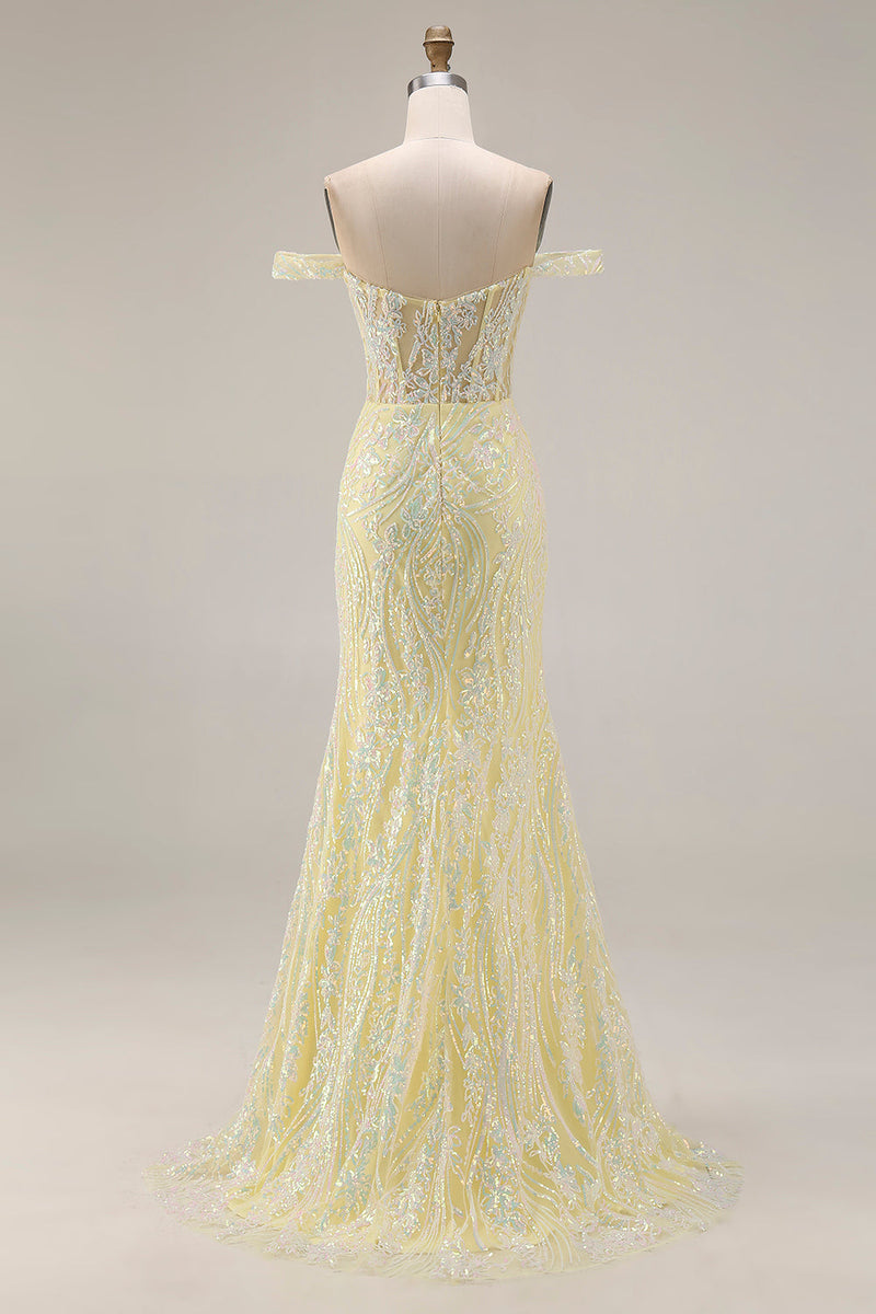 Load image into Gallery viewer, Sparkly Floral Mermaid Light Yellow Long Corset Prom Dress with Slit