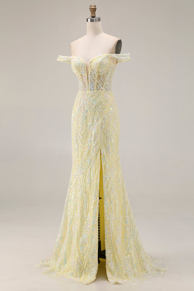 Load image into Gallery viewer, Sparkly Floral Mermaid Light Yellow Long Corset Prom Dress with Slit