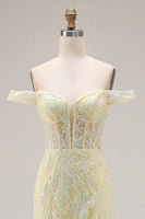 Load image into Gallery viewer, Sparkly Floral Mermaid Light Yellow Long Corset Prom Dress with Slit