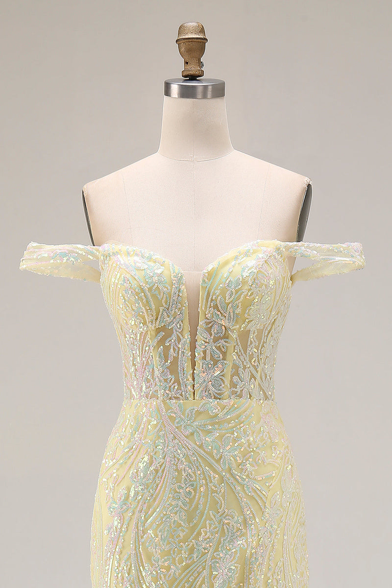 Load image into Gallery viewer, Sparkly Floral Mermaid Light Yellow Long Corset Prom Dress with Slit