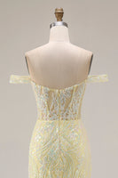 Load image into Gallery viewer, Sparkly Floral Mermaid Light Yellow Long Corset Prom Dress with Slit