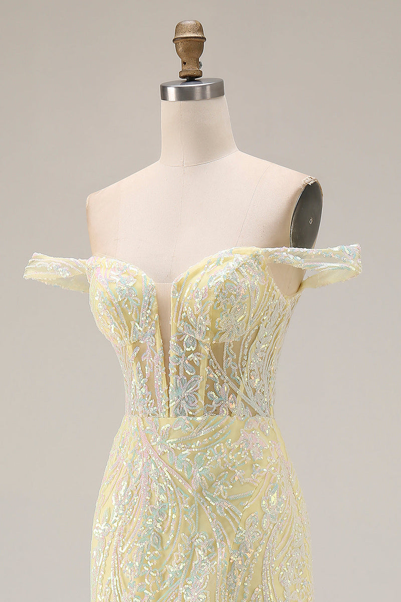 Load image into Gallery viewer, Sparkly Floral Mermaid Light Yellow Long Corset Prom Dress with Slit