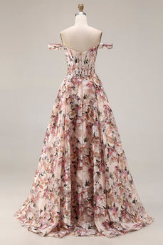 Floral Desert Rose Off the Shoulder A Line Long Corset Prom Dress