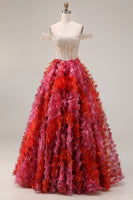 Load image into Gallery viewer, Floral Fuchsia and White Beaded A Line Long Floral Corset Prom Dress