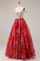 Load image into Gallery viewer, Floral Fuchsia and White Beaded A Line Long Floral Corset Prom Dress