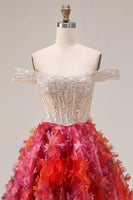 Load image into Gallery viewer, Floral Fuchsia and White Beaded A Line Long Floral Corset Prom Dress