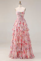 Load image into Gallery viewer, Floral Pink A Line Sweetheart Tiered Long Corset Prom Dress