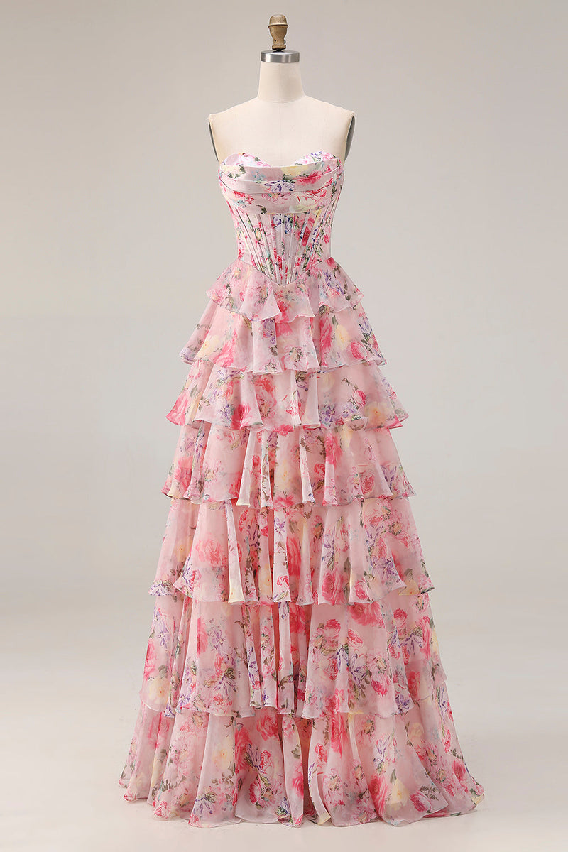 Load image into Gallery viewer, Floral Pink A Line Sweetheart Tiered Long Corset Prom Dress