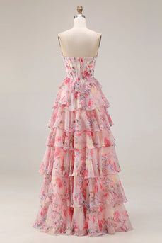 Floral Pink A Line Sweetheart Tiered Long Corset Prom Dress