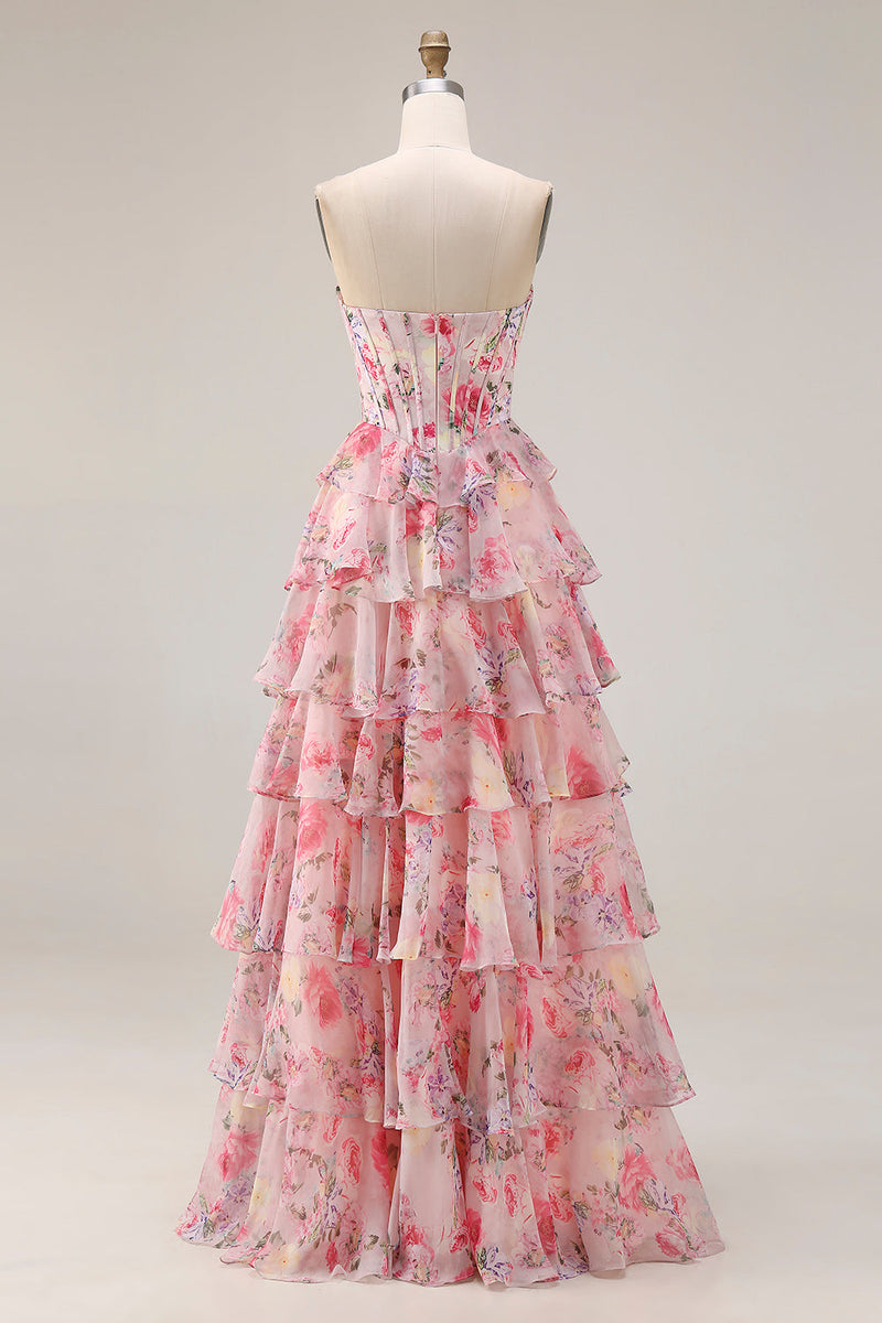 Load image into Gallery viewer, Floral Pink A Line Sweetheart Tiered Long Corset Prom Dress