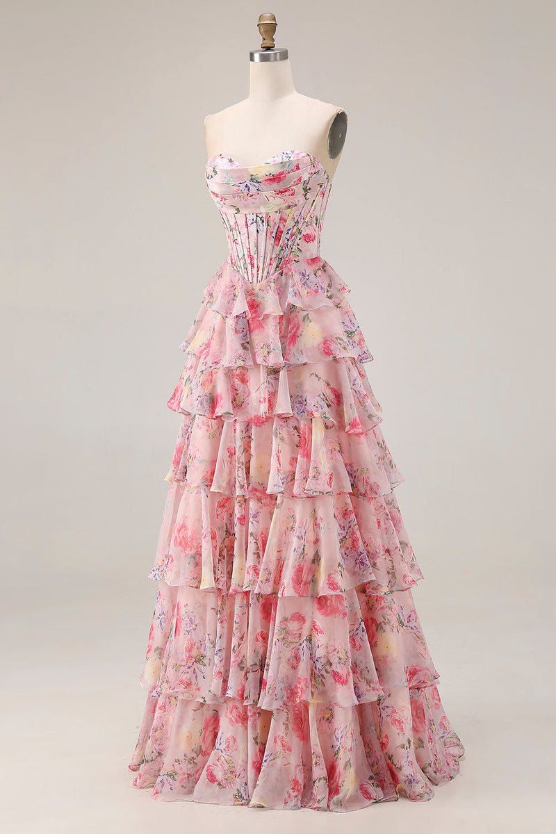 Load image into Gallery viewer, Floral Pink A Line Sweetheart Tiered Long Corset Prom Dress