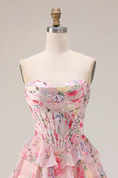 Load image into Gallery viewer, Floral Pink A Line Sweetheart Tiered Long Corset Prom Dress