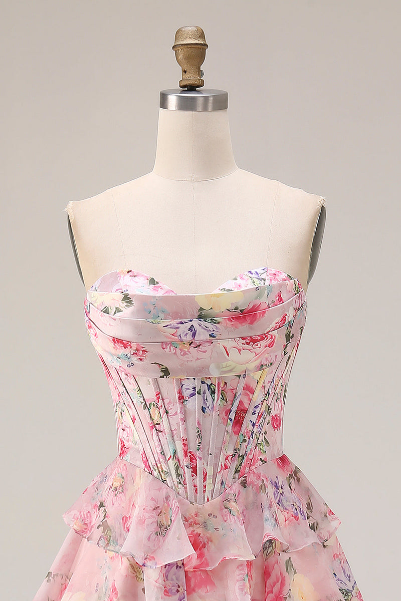 Load image into Gallery viewer, Floral Pink A Line Sweetheart Tiered Long Corset Prom Dress