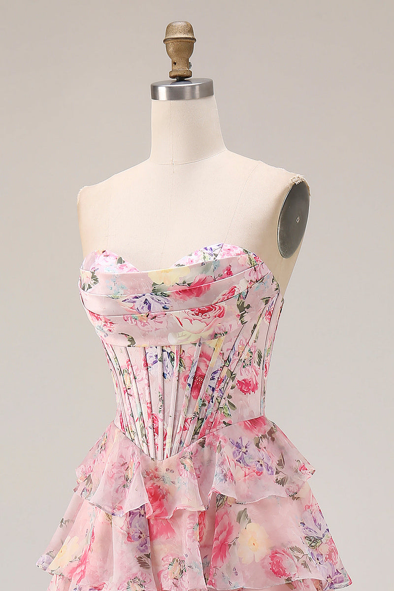 Load image into Gallery viewer, Floral Pink A Line Sweetheart Tiered Long Corset Prom Dress