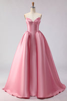 Load image into Gallery viewer, Pink A Line Strapless Satin Long Prom Dress