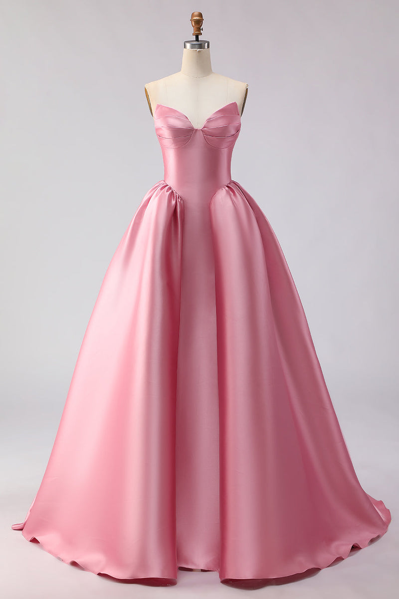 Load image into Gallery viewer, Pink A Line Strapless Satin Long Prom Dress