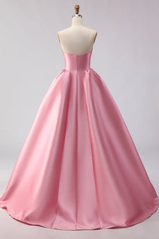 Pink A Line Strapless Satin Long Prom Dress