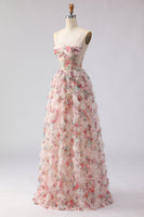 Load image into Gallery viewer, Light Pink A Line Floral Spaghetti Straps Long Prom Dress with Ruffles