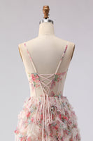Load image into Gallery viewer, Light Pink A Line Floral Spaghetti Straps Long Prom Dress with Ruffles