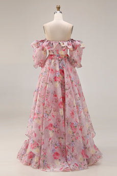 Floral Pink Off the Shoulder A Line Long Prom Dress with Ruffles