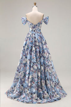 Floral Blue Off the Shoulder Corset Long Prom Dress with Slit
