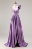 Load image into Gallery viewer, A Line Purple Spaghetti Straps Long Prom Dress with 3D Flower