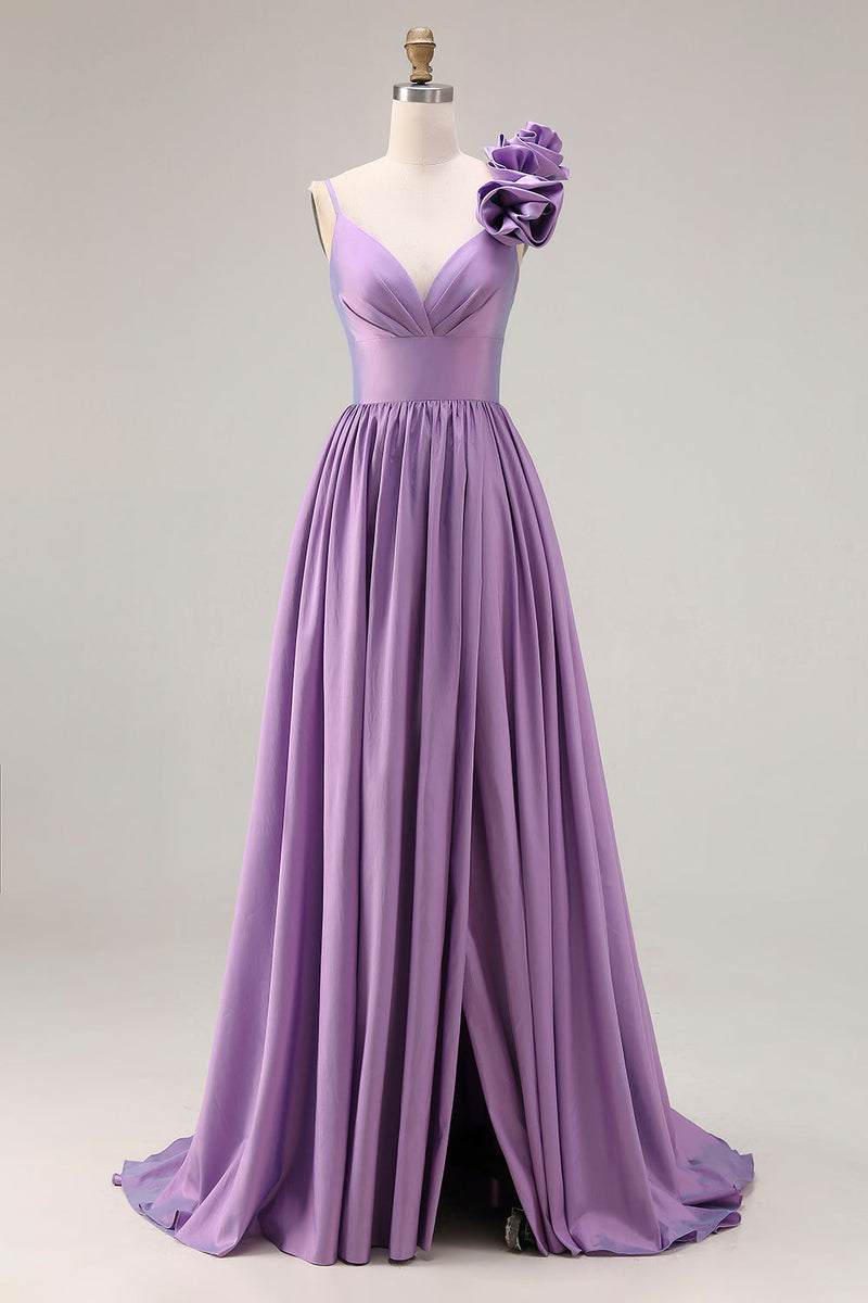 Load image into Gallery viewer, A Line Purple Spaghetti Straps Long Prom Dress with 3D Flower