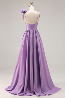 A Line Purple Spaghetti Straps Long Prom Dress with 3D Flower