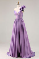 Load image into Gallery viewer, A Line Purple Spaghetti Straps Long Prom Dress with 3D Flower
