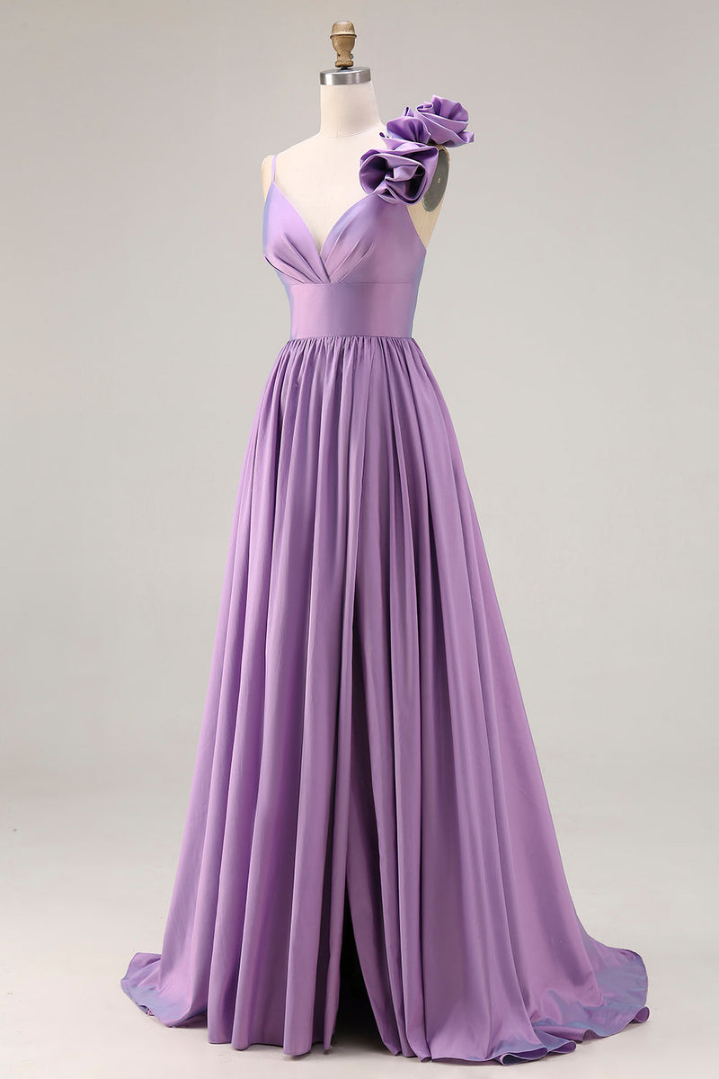 Load image into Gallery viewer, A Line Purple Spaghetti Straps Long Prom Dress with 3D Flower