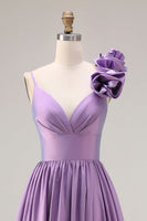 Load image into Gallery viewer, A Line Purple Spaghetti Straps Long Prom Dress with 3D Flower