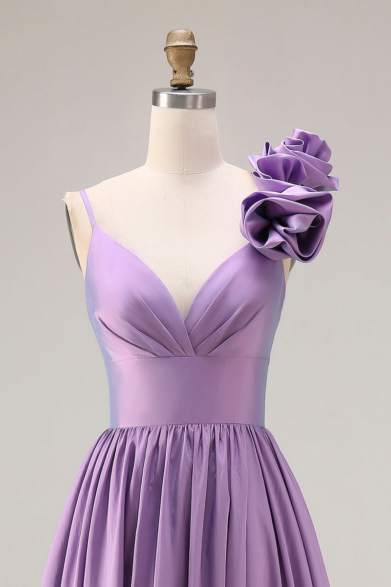 Load image into Gallery viewer, A Line Purple Spaghetti Straps Long Prom Dress with 3D Flower