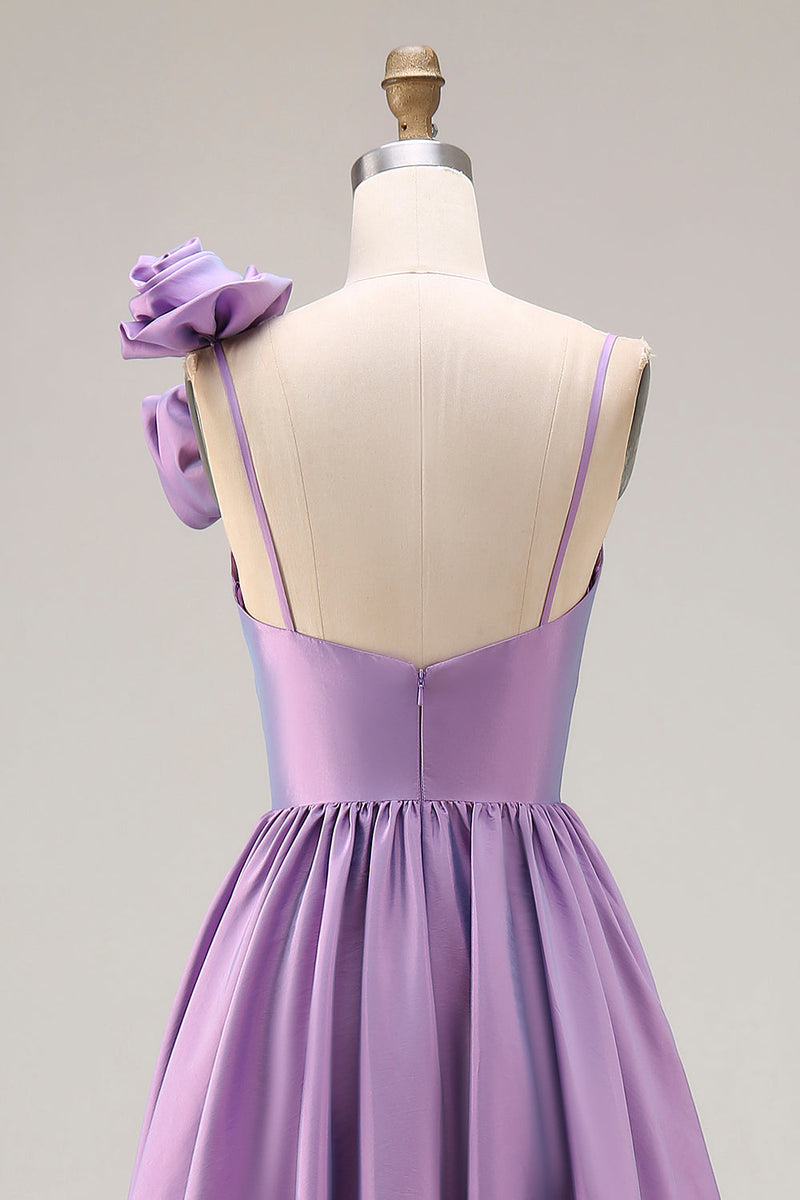 Load image into Gallery viewer, A Line Purple Spaghetti Straps Long Prom Dress with 3D Flower