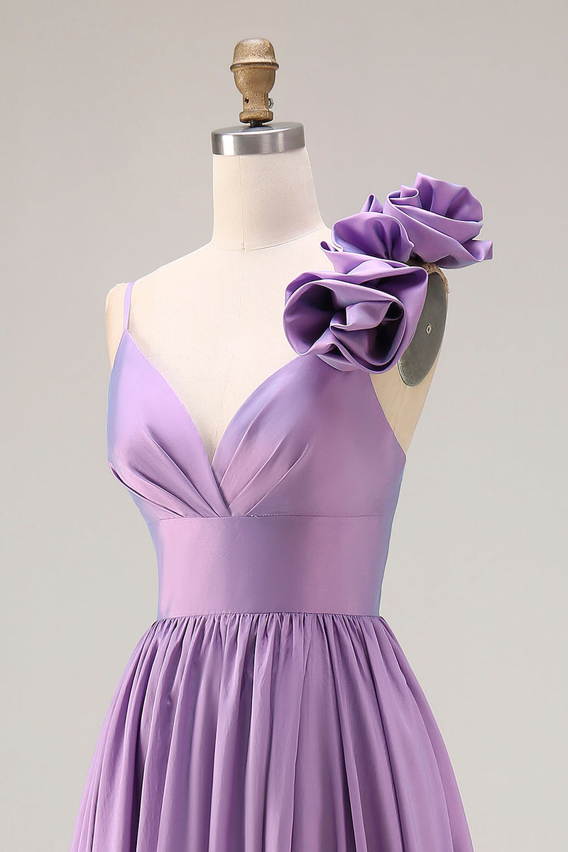 Load image into Gallery viewer, A Line Purple Spaghetti Straps Long Prom Dress with 3D Flower